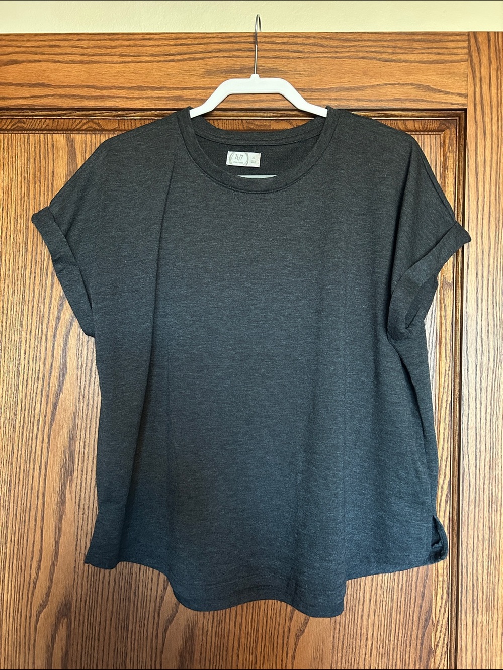 Women's Charcoal Rolled-Sleeve Crewneck Tee